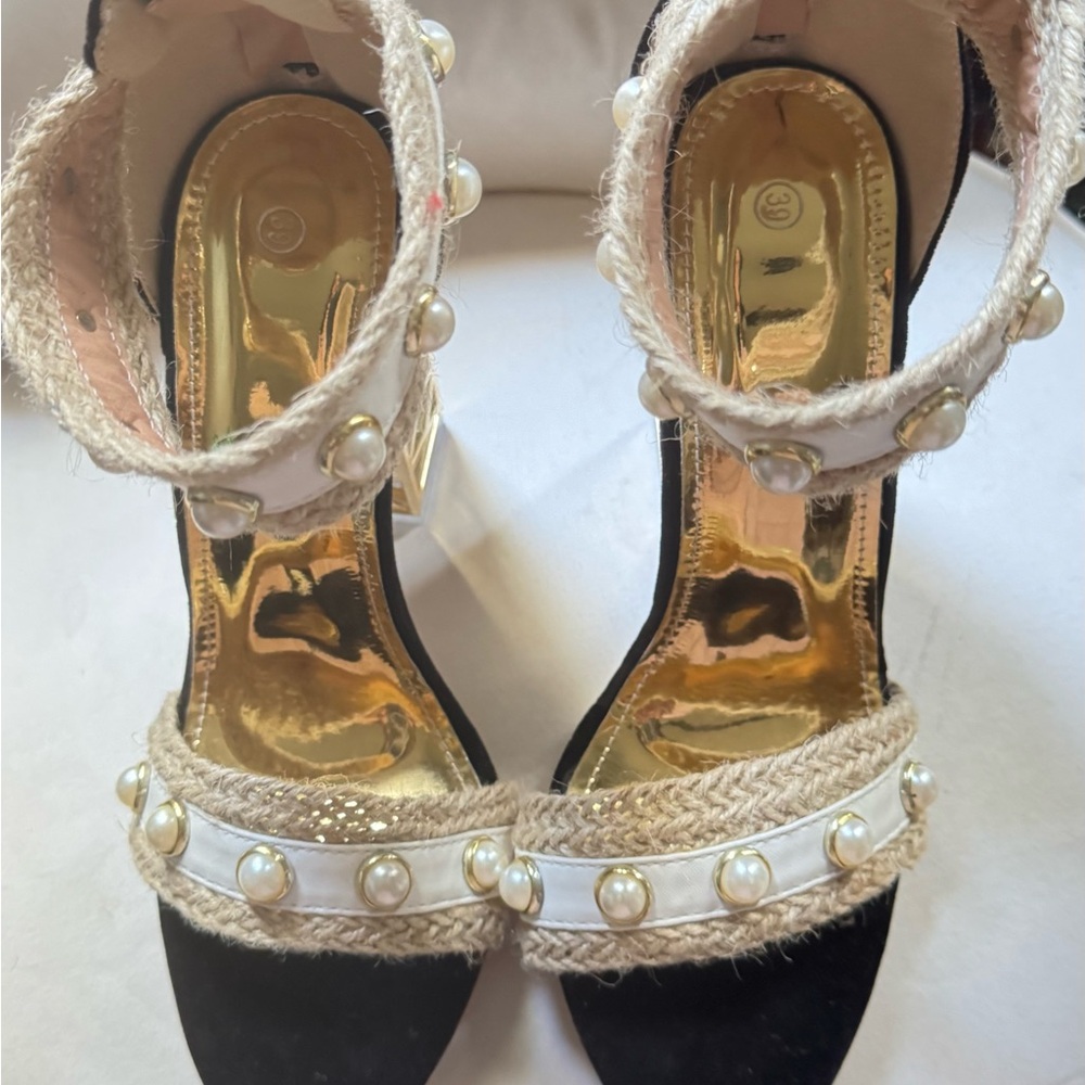 Pearl-Embellished Ankle Strap Sandals in Black and Gold